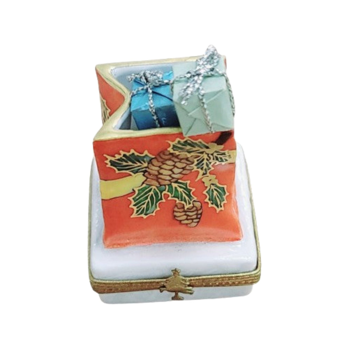Christmas Bag of Gifts Limoges Box, a hand-painted Limoges porcelain gift