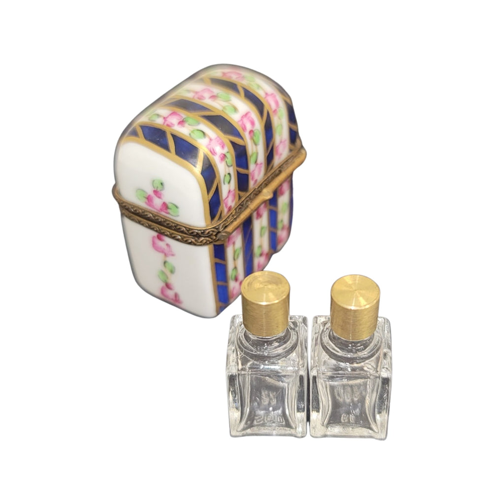 Hand-painted 2 Perfume Blue Tall Flowers Limoges box, French artistry for lovers of fine art