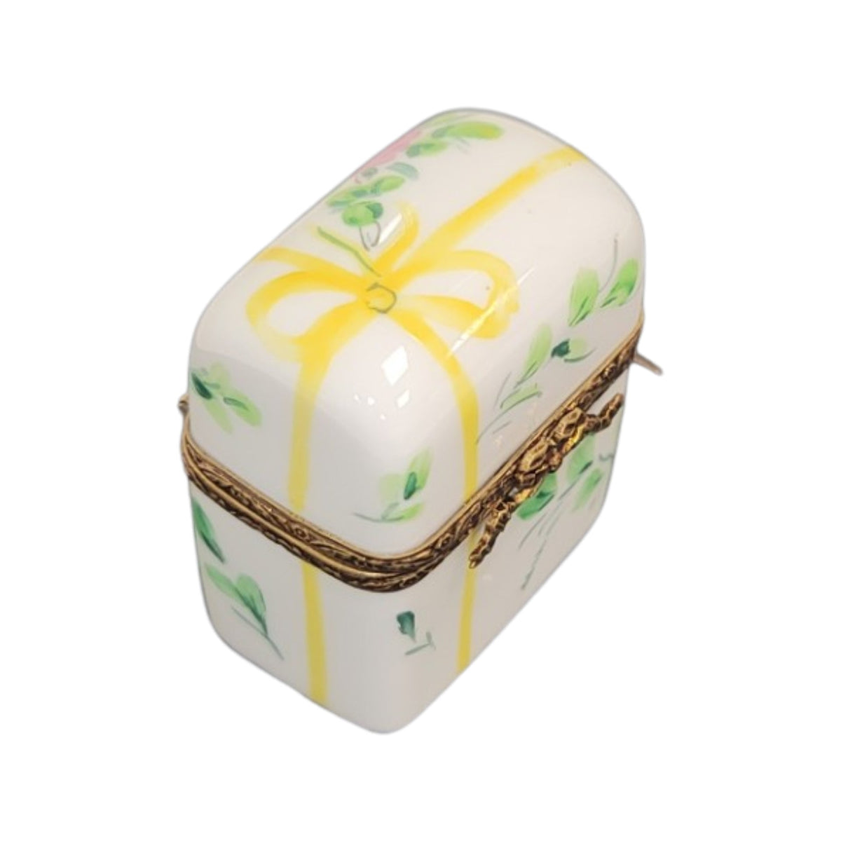 Every brushstroke by hand on the 2 Perfume Yellow Bow Tall Flowers Limoges box from France