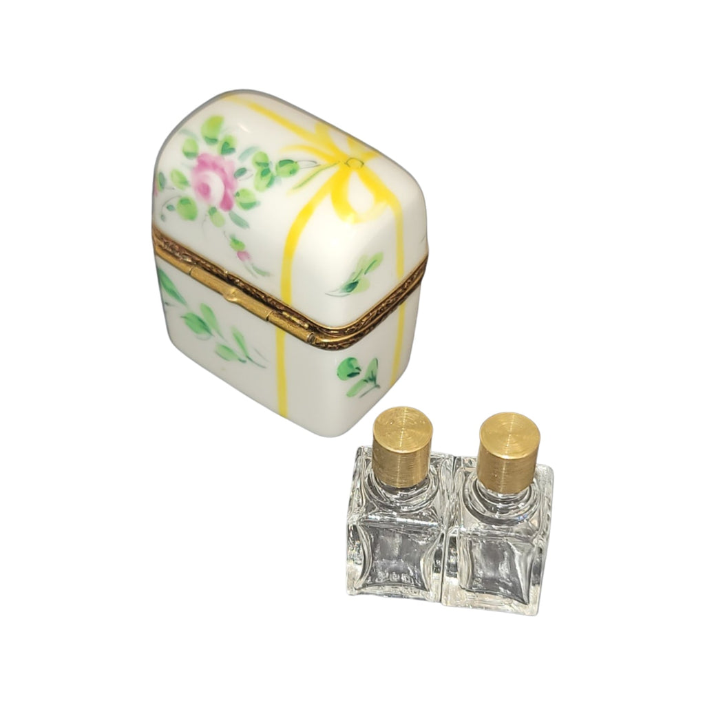Fine art lovers will admire this 2 Perfume Yellow Bow Tall Flowers Limoges box