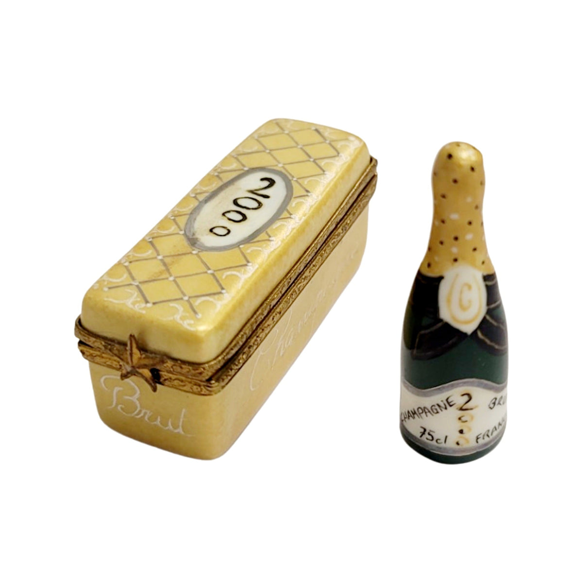Fine French craftsmanship on the 2000 Bottle of Champagne Limoges box, painted by hand
