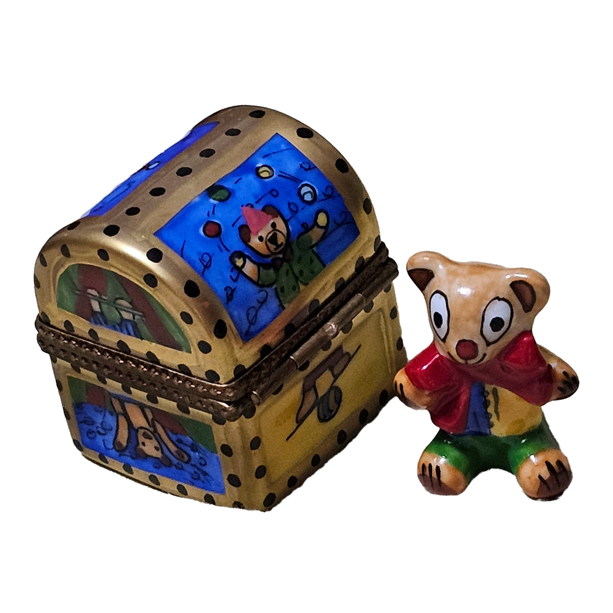 Painted details on the Teddy Clown Toy Limoges box, French art in miniature