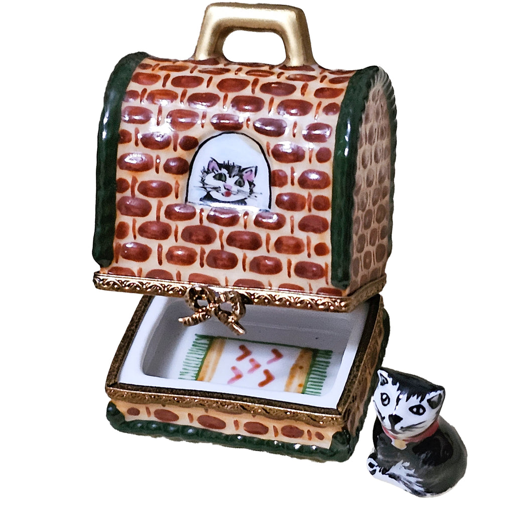 Black White Cat in Carrier Limoges Box, view 2