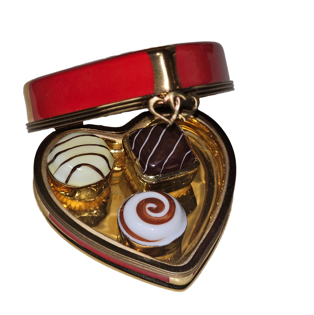 Fine French craftsmanship on the Always Je T'aime Red Heart with Removable Chocolates Limoges box, painted by hand