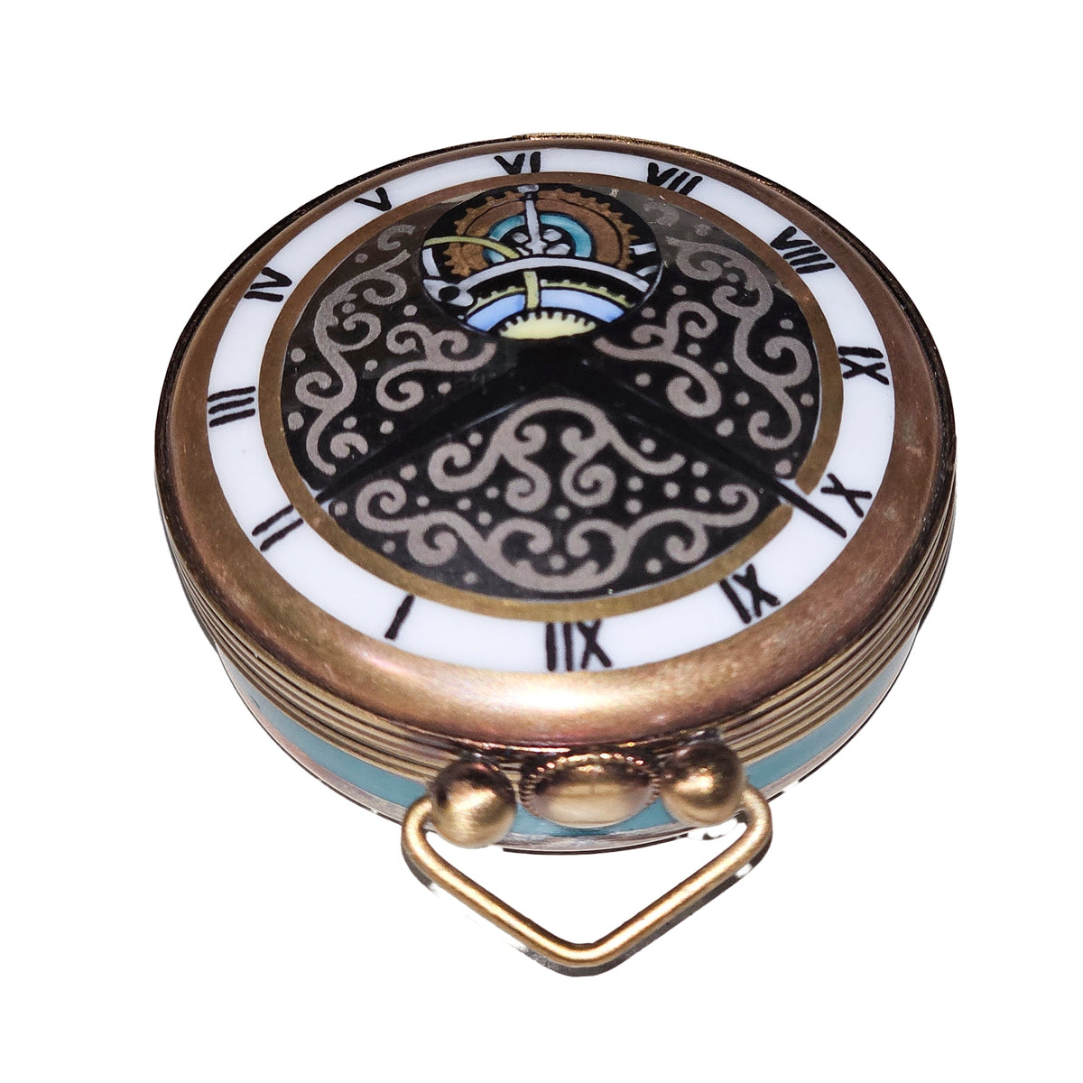 Pocket Watch Green Limoges Figurine Charm for Collectors, a hand-painted Limoges porcelain gift