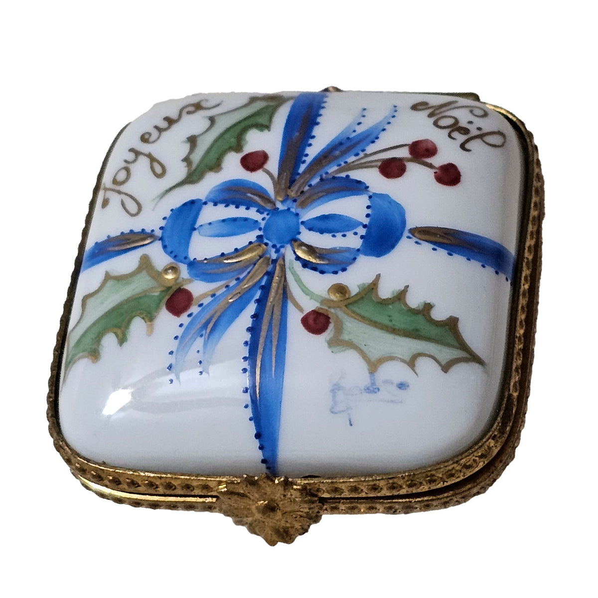 Joyeux Noel Flat Christmas Square Limoges Box Holiday, a hand-painted Limoges porcelain gift