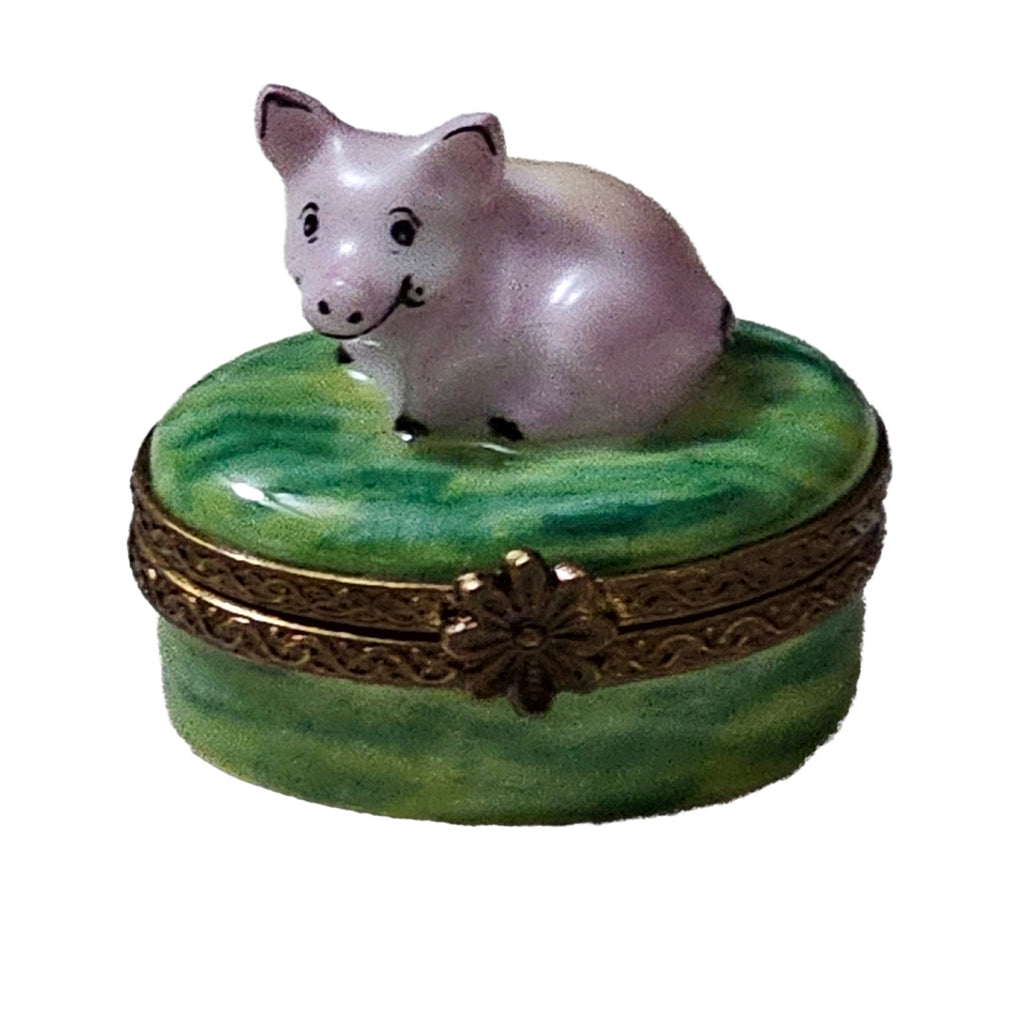 Mini Pig on Green Limoges Box Collectible, a hand-painted Limoges porcelain gift