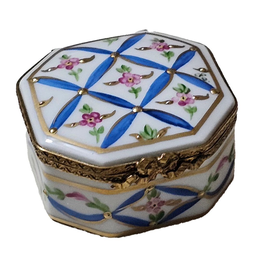 Hexa Blue Criss Cross w Pink Flowers Decor Limoges Box, a hand-painted Limoges porcelain gift
