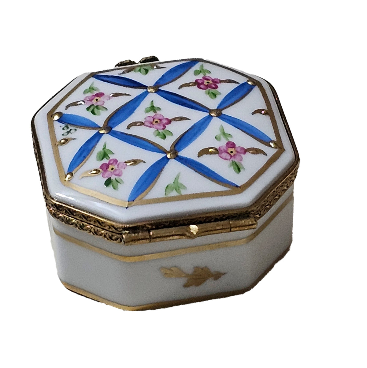 Hexa Blue Criss Cross w Pink Flowers Decor Limoges Box, view 3