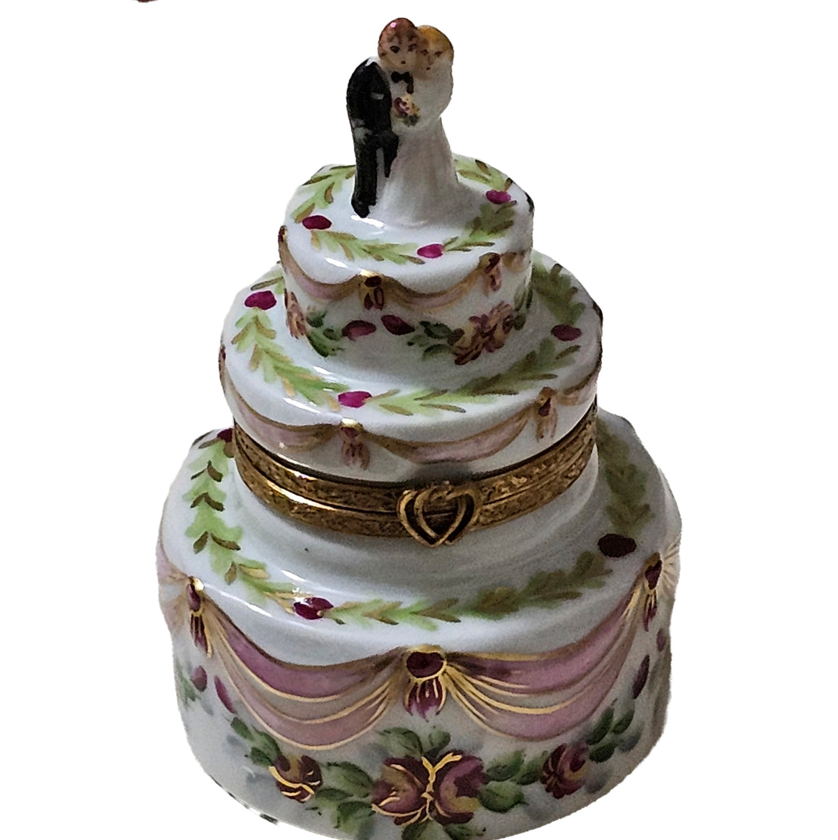 Wedding Cake w Bride and Groom Pink Ribbons Keepsake, a hand-painted Limoges porcelain gift