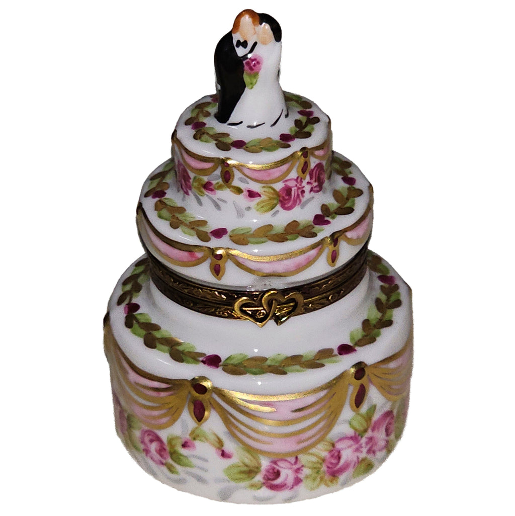 Couple on Wedding Cake Gold Pink Ribbons, a hand-painted Limoges porcelain gift