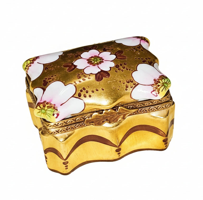 Gold Scalloped Box w White Flowers, a hand-painted Limoges porcelain gift
