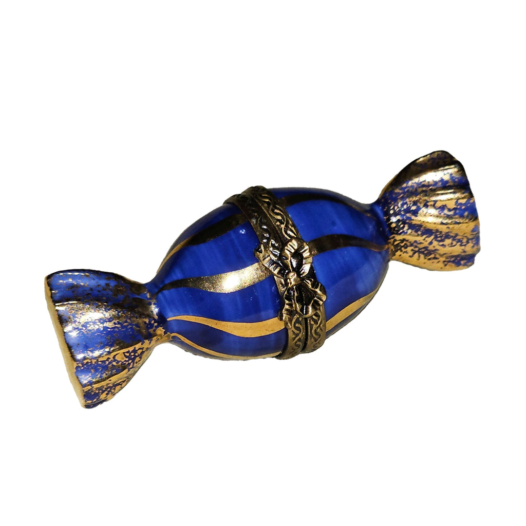 Blue Gold Striped Candy Limoges Box, a hand-painted Limoges porcelain gift