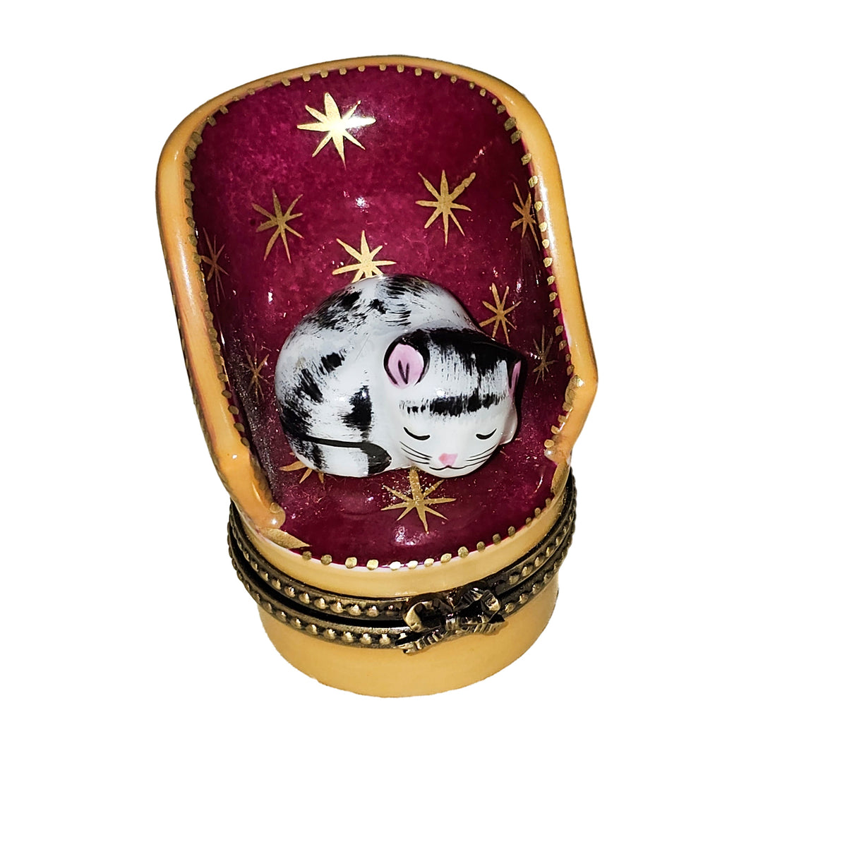 Sleeping Cat on Red Chair Limoges Box, a hand-painted Limoges porcelain gift