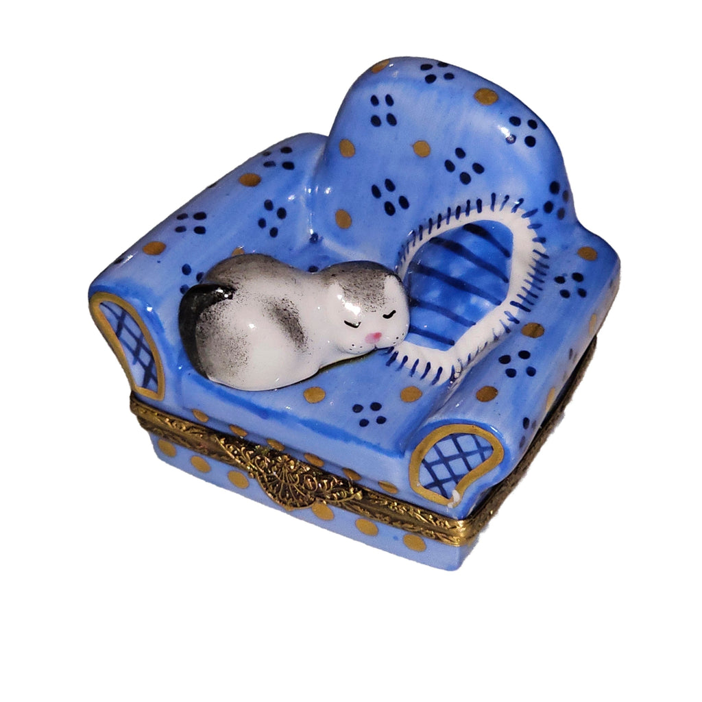 Cat on Blue Armchair Limoges Box, a hand-painted Limoges porcelain gift