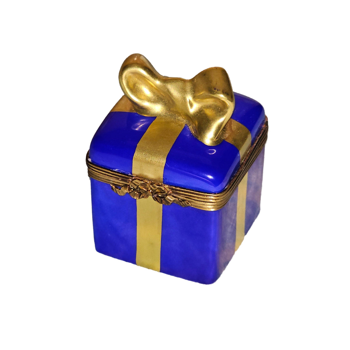 Blue Gift Box w Gold Bow Elegant, a hand-painted Limoges porcelain gift
