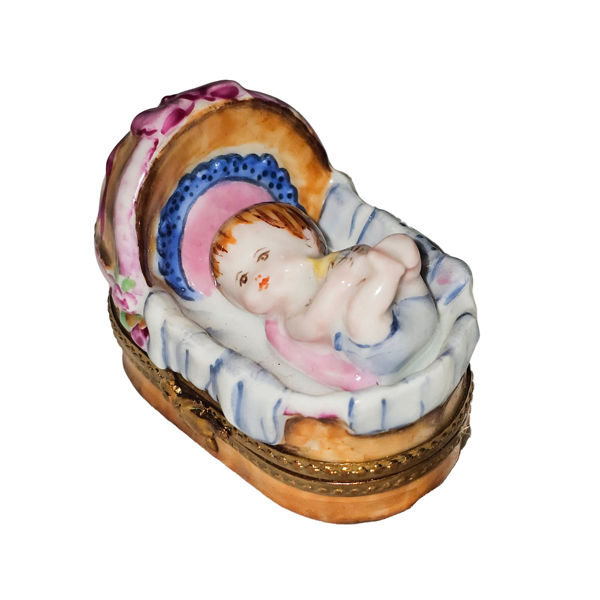 Baby in Basket Bassinet Not Removable Limoges Box, a hand-painted Limoges porcelain gift