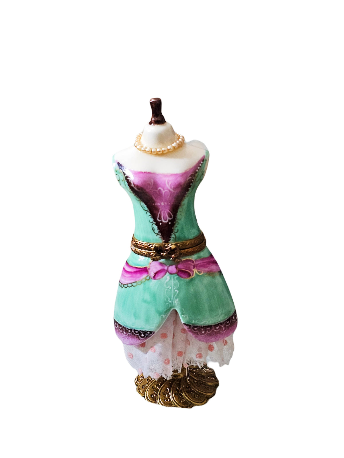 Pastel Dress on Form Stand Box USA, a hand-painted Limoges porcelain gift