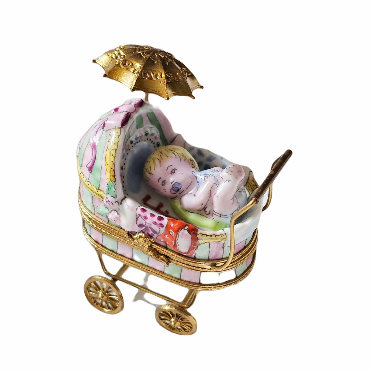 Baby in Carriage Stroller Pram Well Detailed Porcelain Art Object Limoges, a hand-painted Limoges porcelain gift