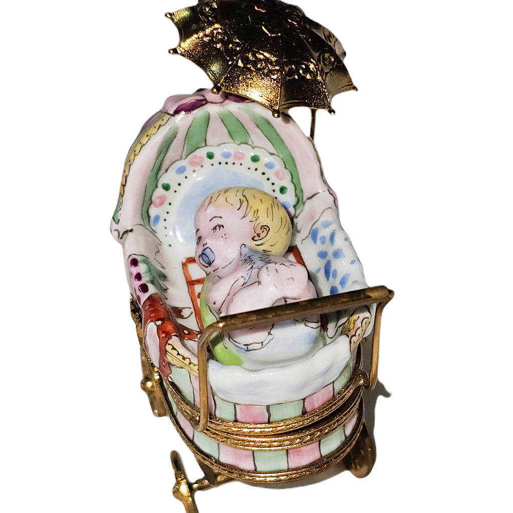 Baby in Carriage Stroller Pram Well Detailed Porcelain Art Object Limoges, view 7