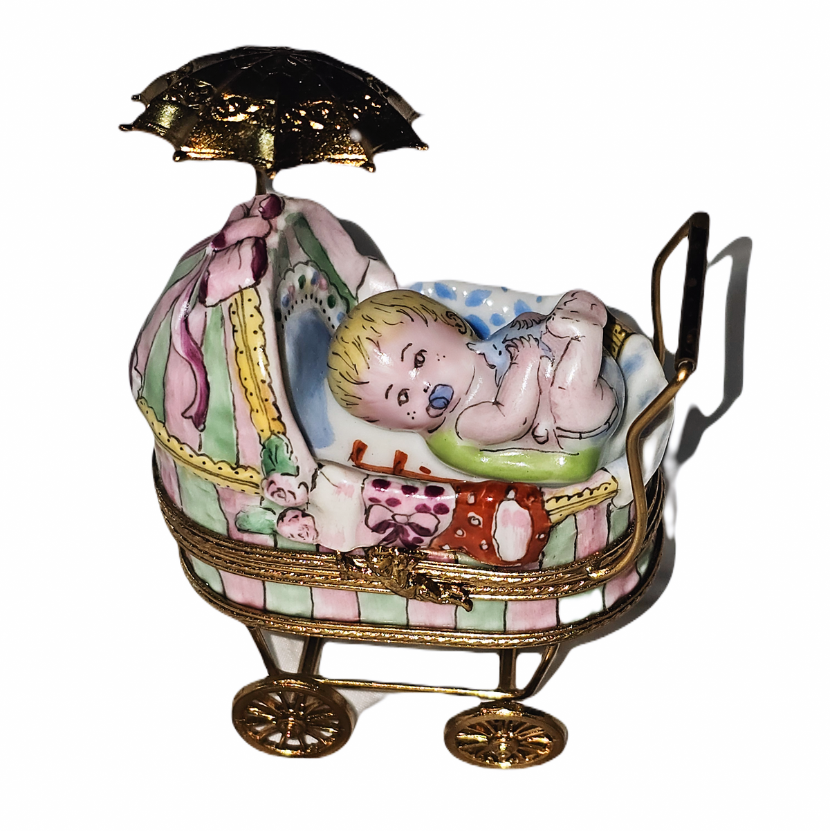 Baby in Carriage Stroller Pram Well Detailed Porcelain Art Object Limoges, view 8