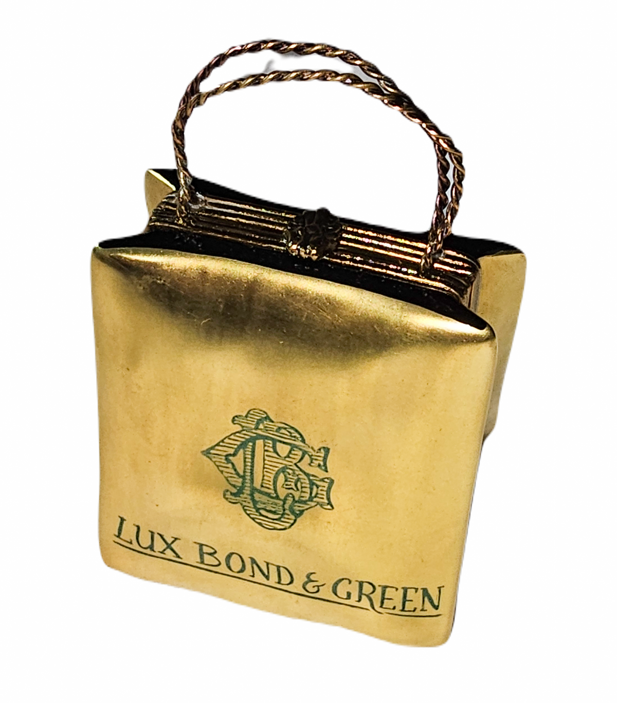 Lux Bond Green Gold Shopping Bag Elegance, a hand-painted Limoges porcelain gift