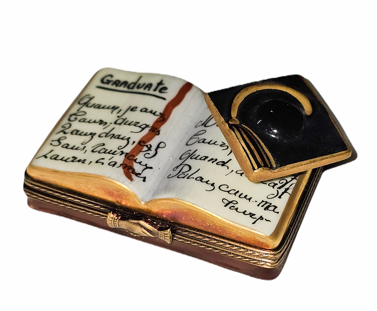Graduation Cap on Book Limoges Box, a hand-painted Limoges porcelain gift