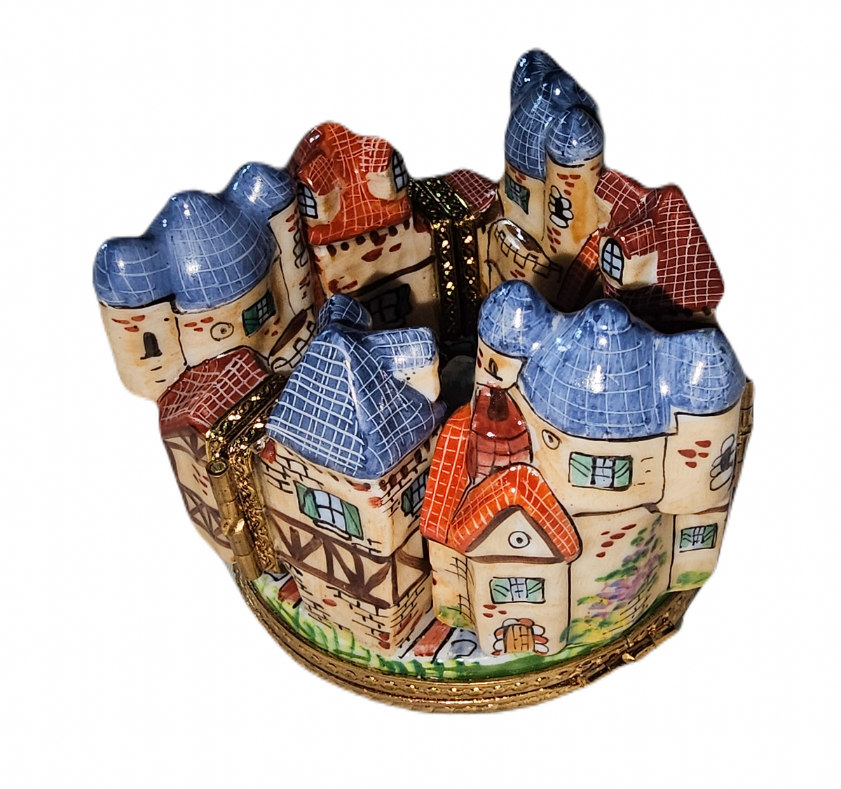 The painter's artistry shows on this 4 Hinged Medieval Village Castle Charm Limoges box