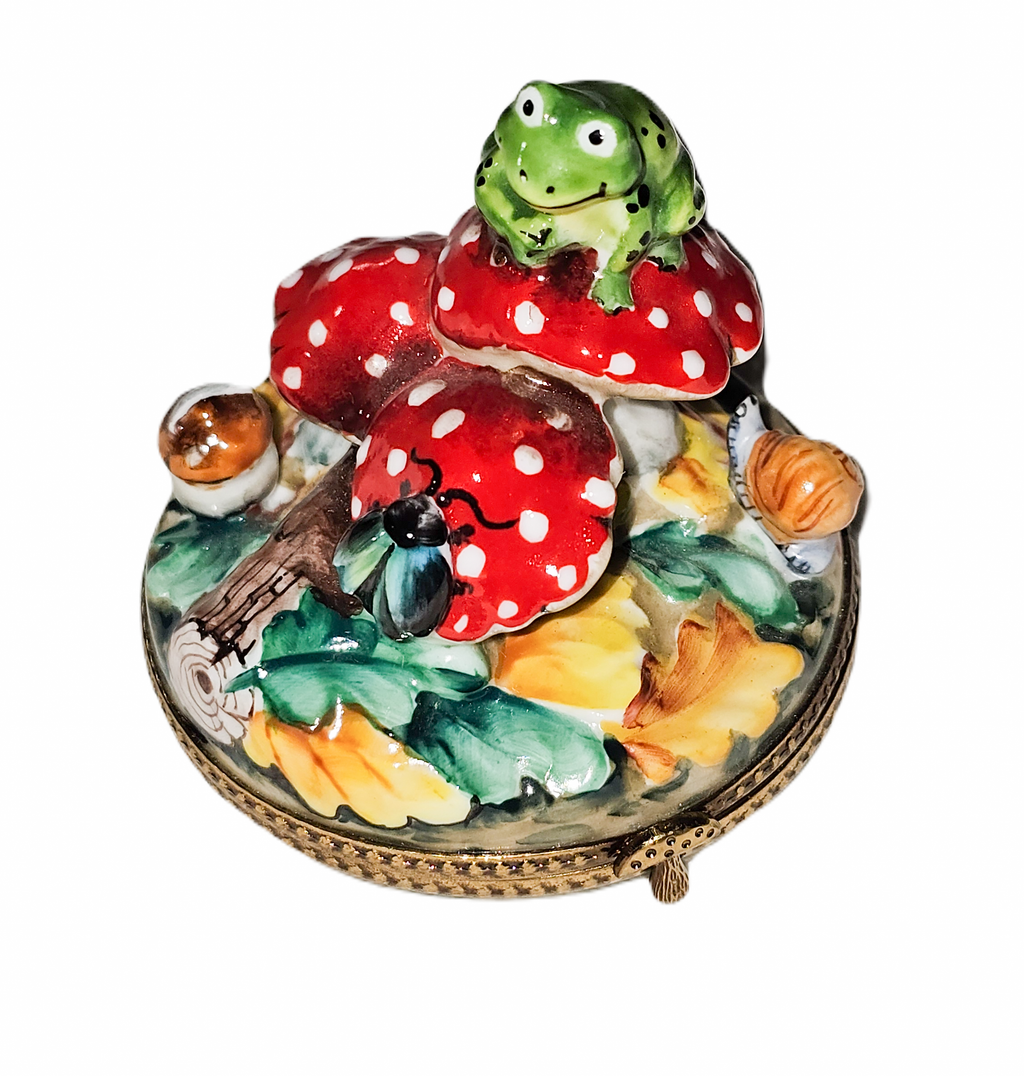 Frog on Mushrooms Well Detailed Limoges Box, a hand-painted Limoges porcelain gift