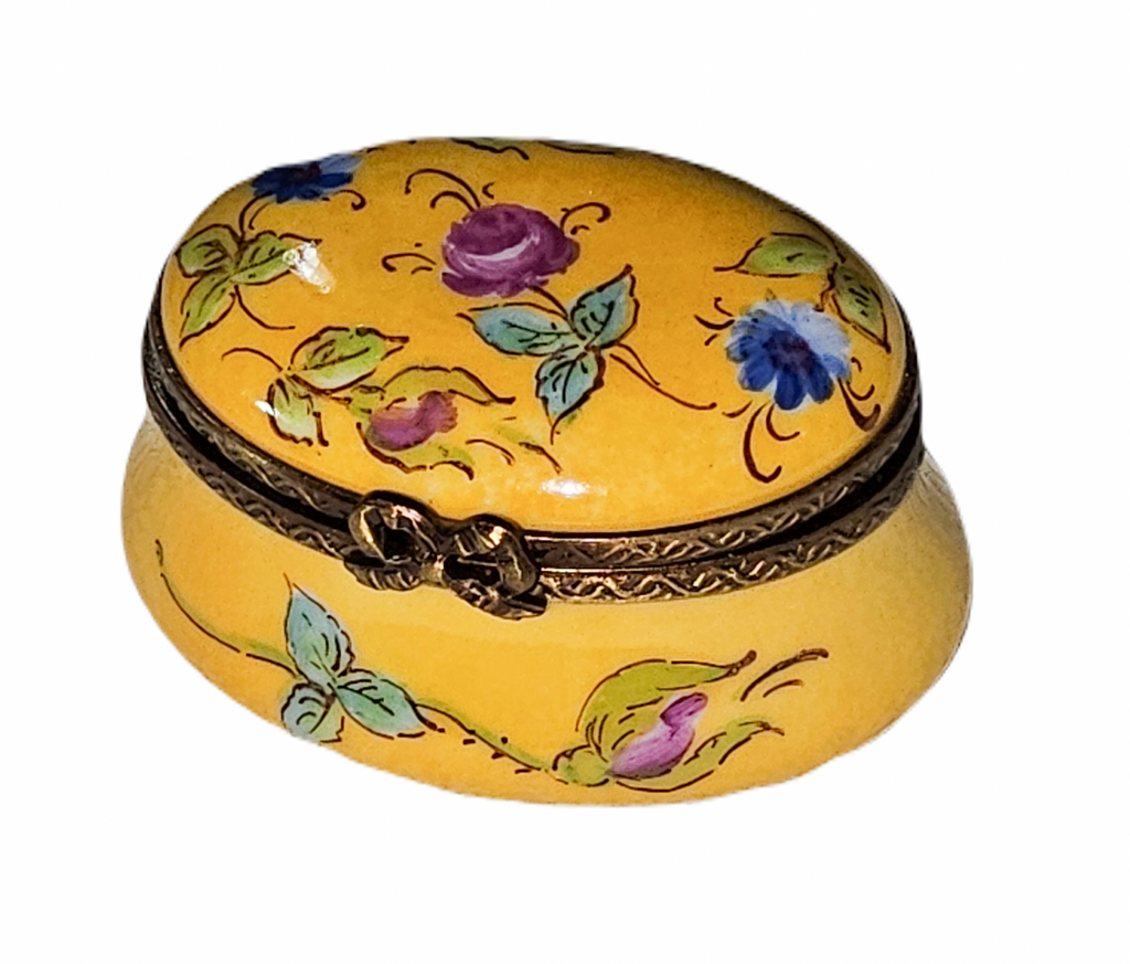 Yellow Oval Porcelain Art Object with Flowers, a hand-painted Limoges porcelain gift