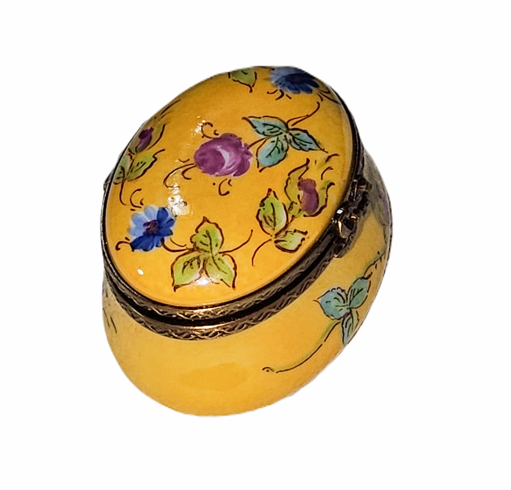 Yellow Oval Porcelain Art Object with Flowers, view 2