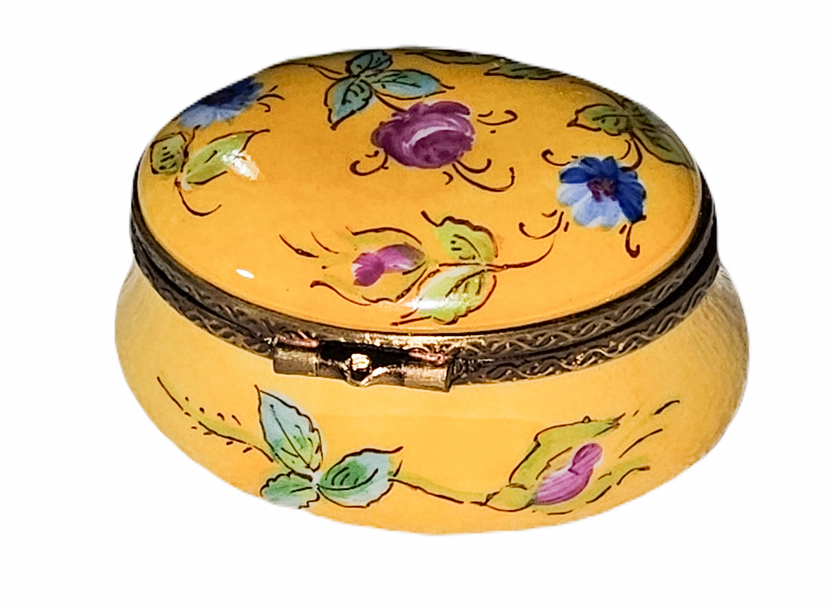 Yellow Oval Porcelain Art Object with Flowers, view 3