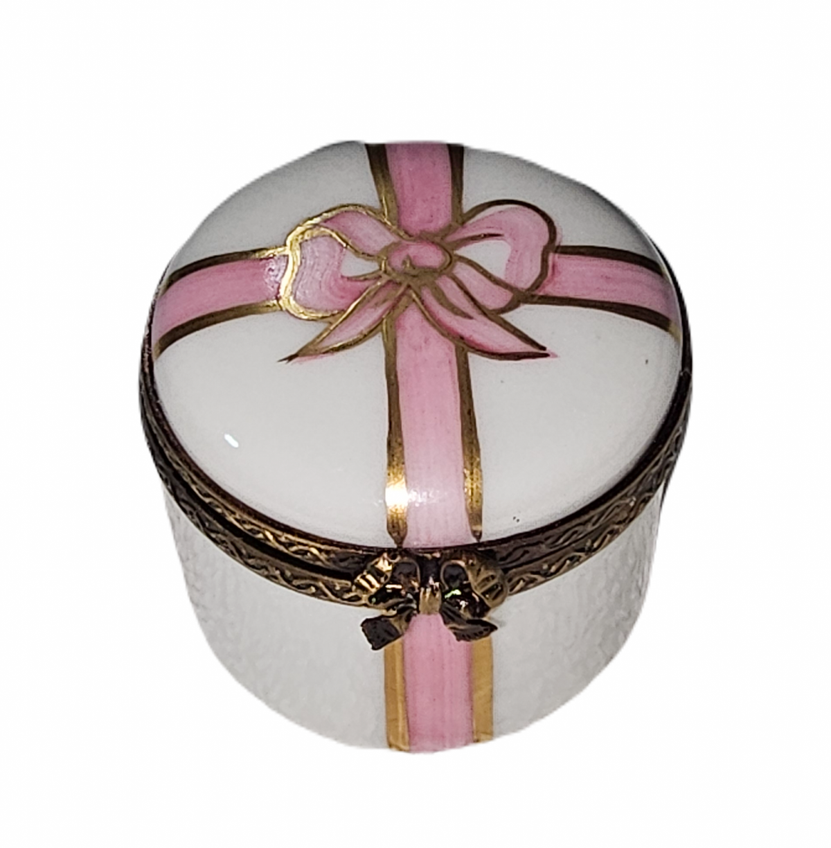 Happy Birthday Mini Gift Round Pink Ribbon Birthday Box, a hand-painted Limoges porcelain gift