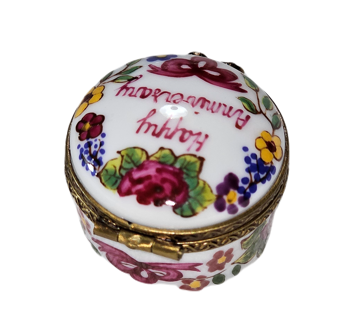 Hand-painted Mini Happy Anniversary Round Limoges box, French artistry for lovers of fine art