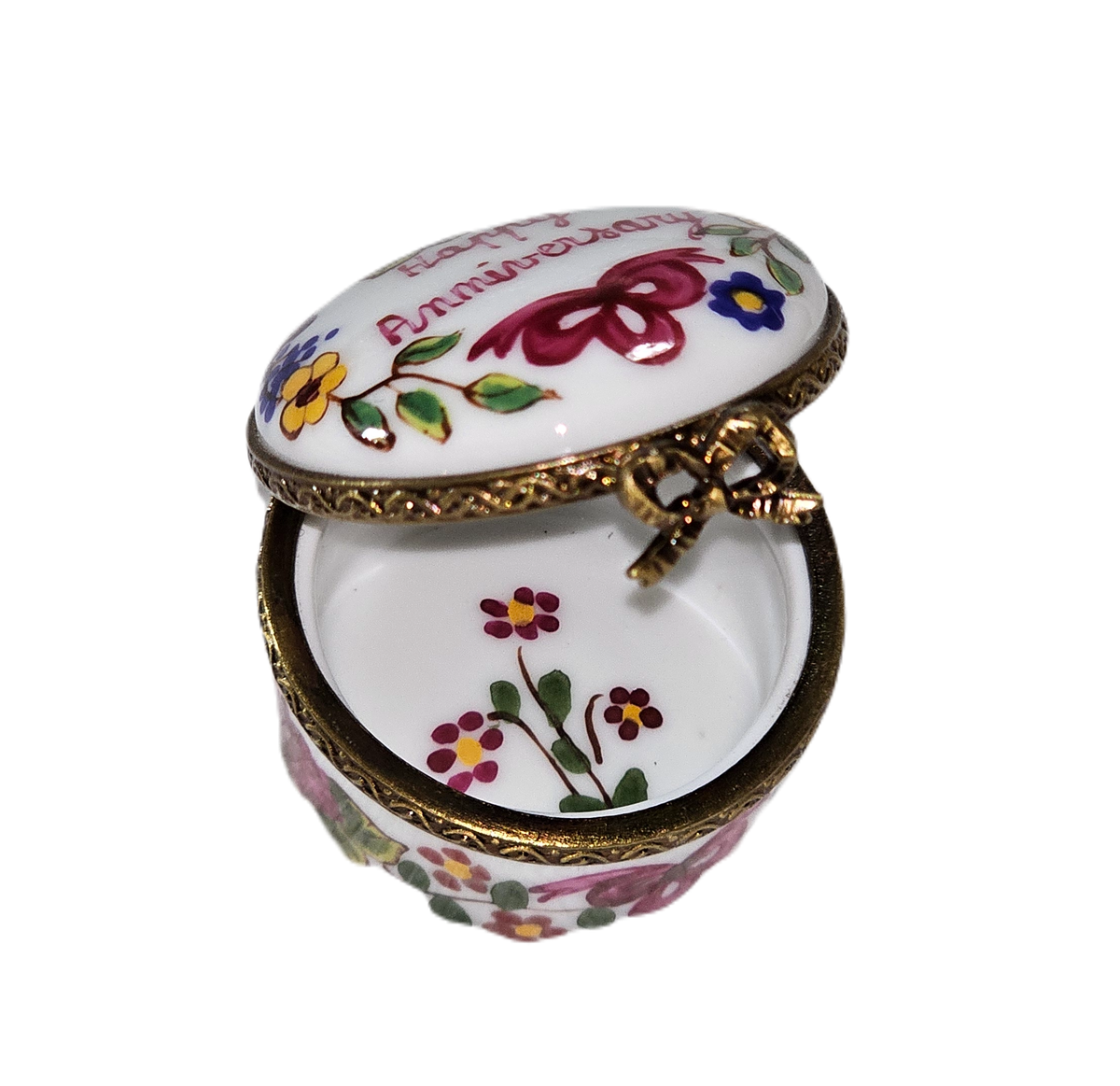 Fine art lovers will admire this Mini Happy Anniversary Round Limoges box