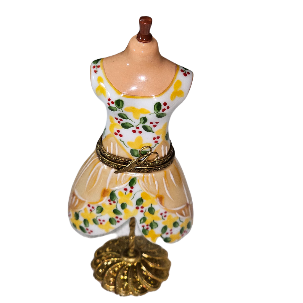 Yellow Dress on Mannequin Form Limoges Box, a hand-painted Limoges porcelain gift