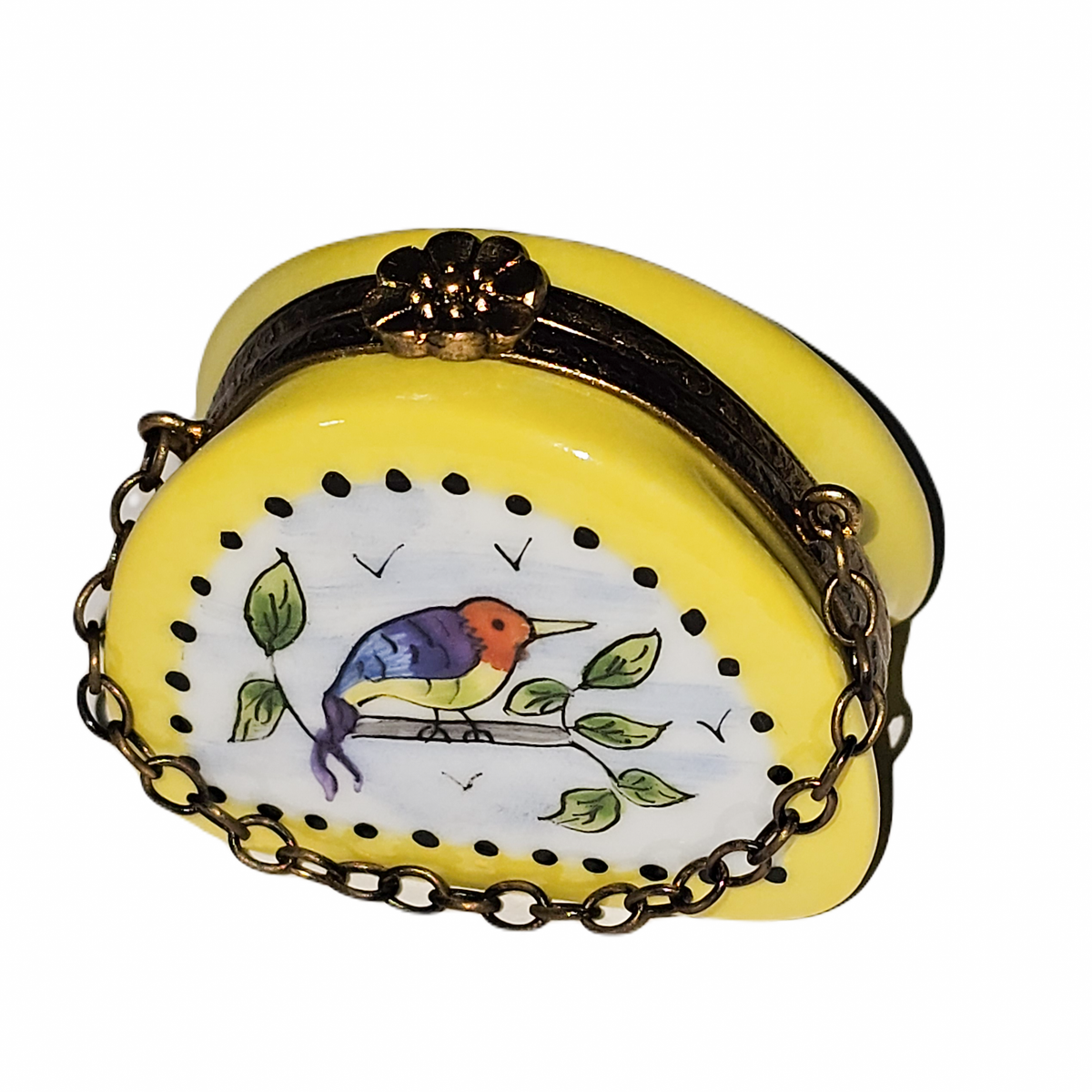 Charming Yellow Bird Purse Box for Home Decor, a hand-painted Limoges porcelain gift