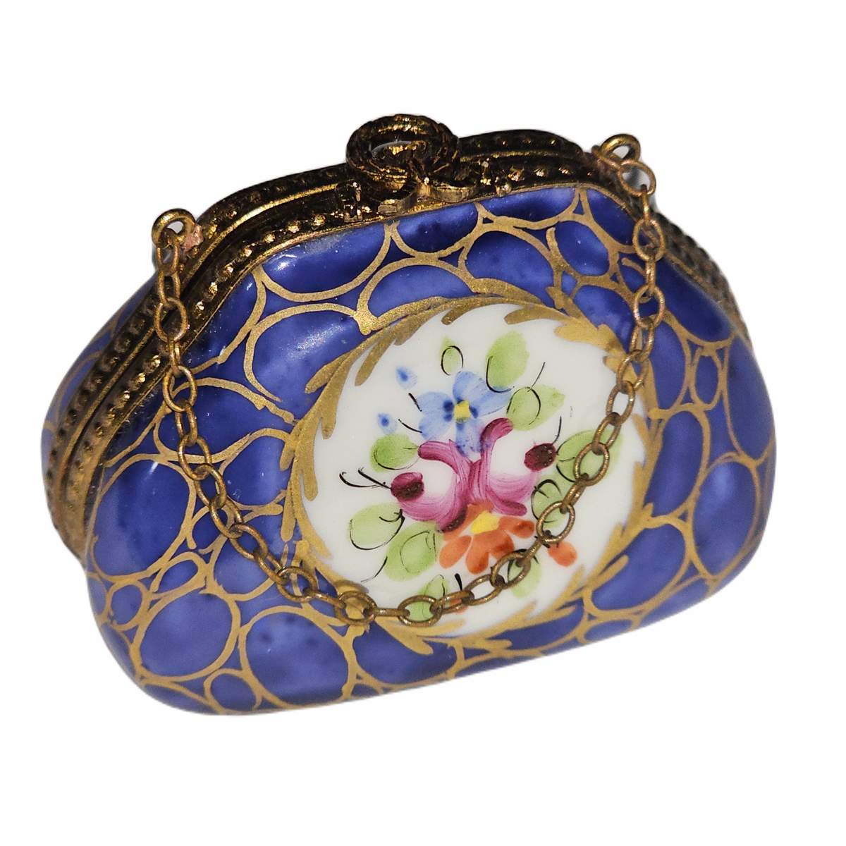 Dark Blue Purse w Crackle Gold Box, a hand-painted Limoges porcelain gift