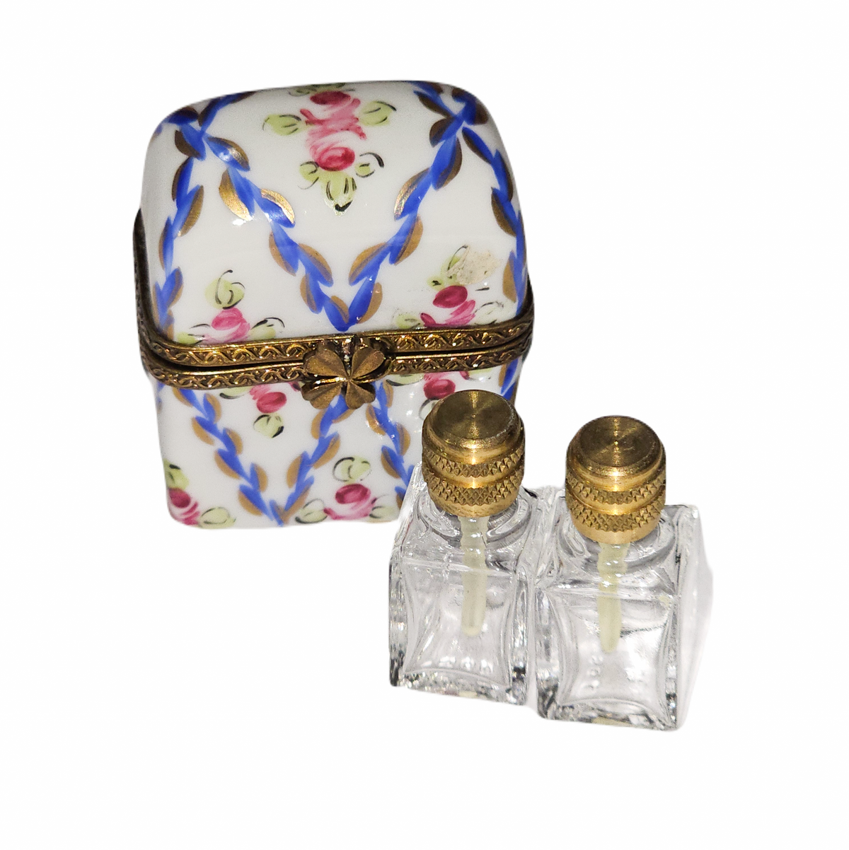 Blue Pink Flowers Double Perfume Box for Elegant Decor, a hand-painted Limoges porcelain gift