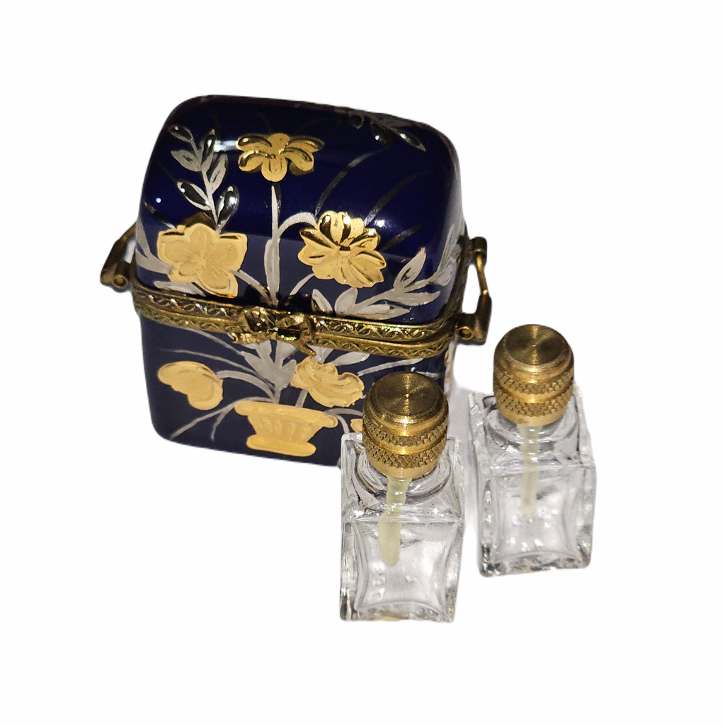 Cobalt Blue Gold Flowers 2 Perfumes Limoges Box for Gift, a hand-painted Limoges porcelain gift
