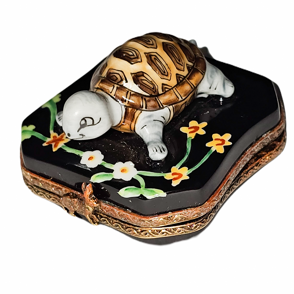 Turtle with Flowers Limoges Box, a hand-painted Limoges porcelain gift