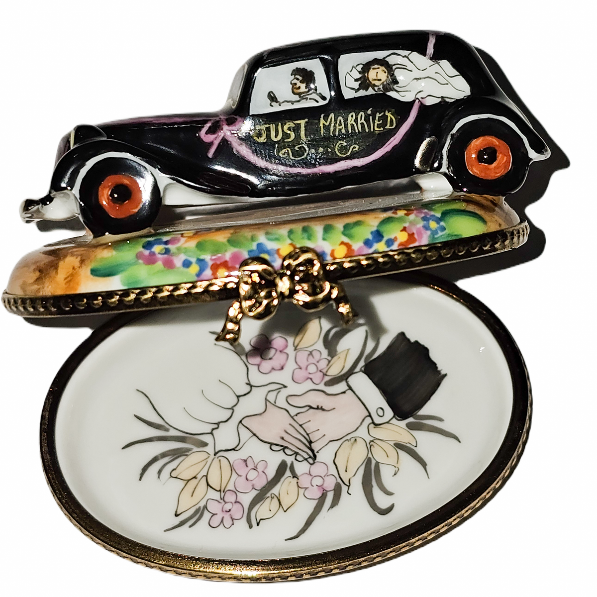 Just Married Black Car Limoges box painted by hand in Limoges, France, a gift to treasure
