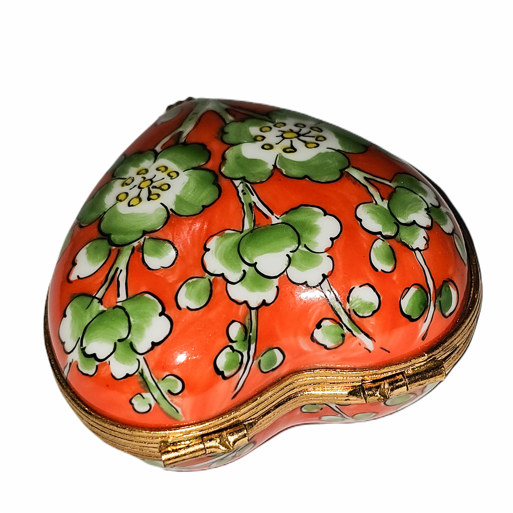 Green Flowers on Orange Porcelain Heart Box for Gift Giving, view 3