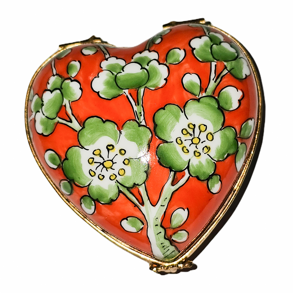 Green Flowers on Orange Porcelain Heart Box for Gift Giving, view 4