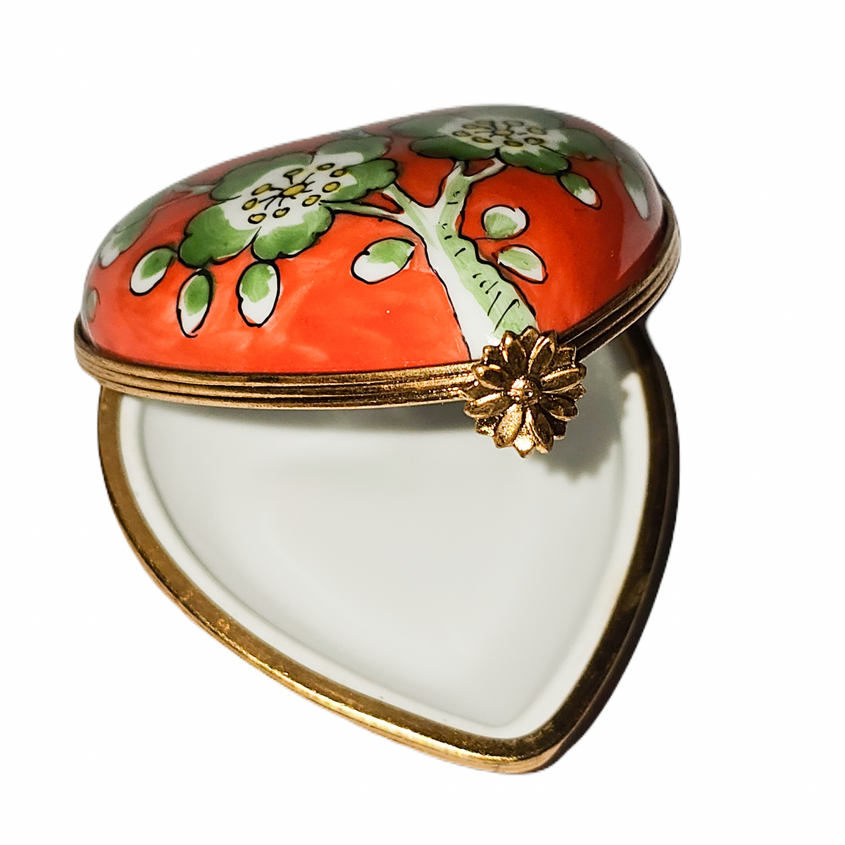 Green Flowers on Orange Porcelain Heart Box for Gift Giving, view 2