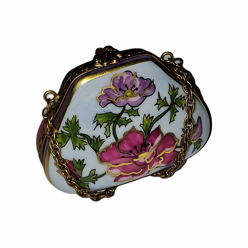 Pink Flowers on Blue Purse Limoges Gift Box, a hand-painted Limoges porcelain gift