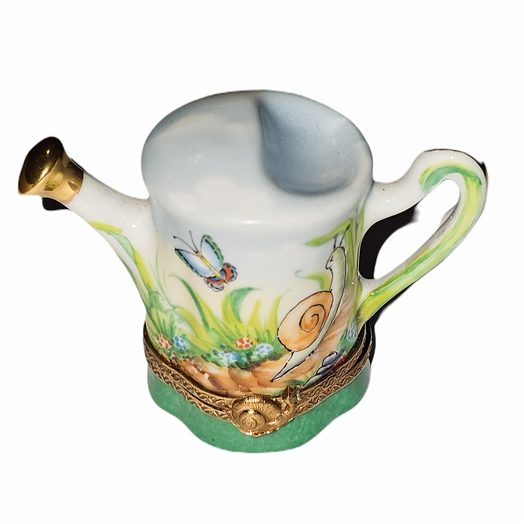 Whimsical Watering Can w Snail Limoges Box, a hand-painted Limoges porcelain gift