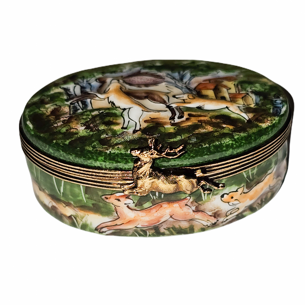 Hunting Oval w Relief Painting Overstock Sale Limoges Box, view 3
