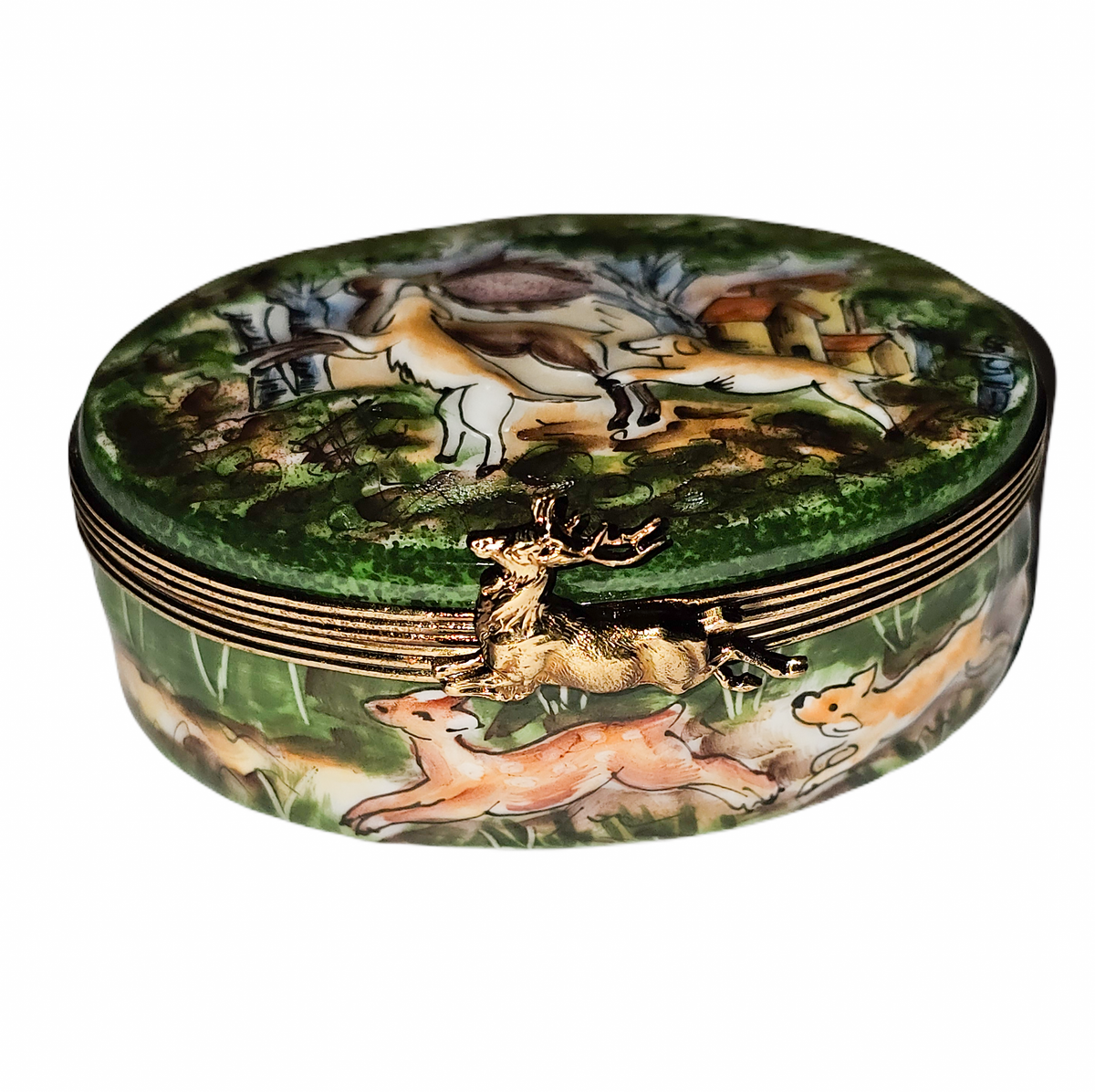 Hunting Oval w Relief Painting Overstock Sale Limoges Box, view 3