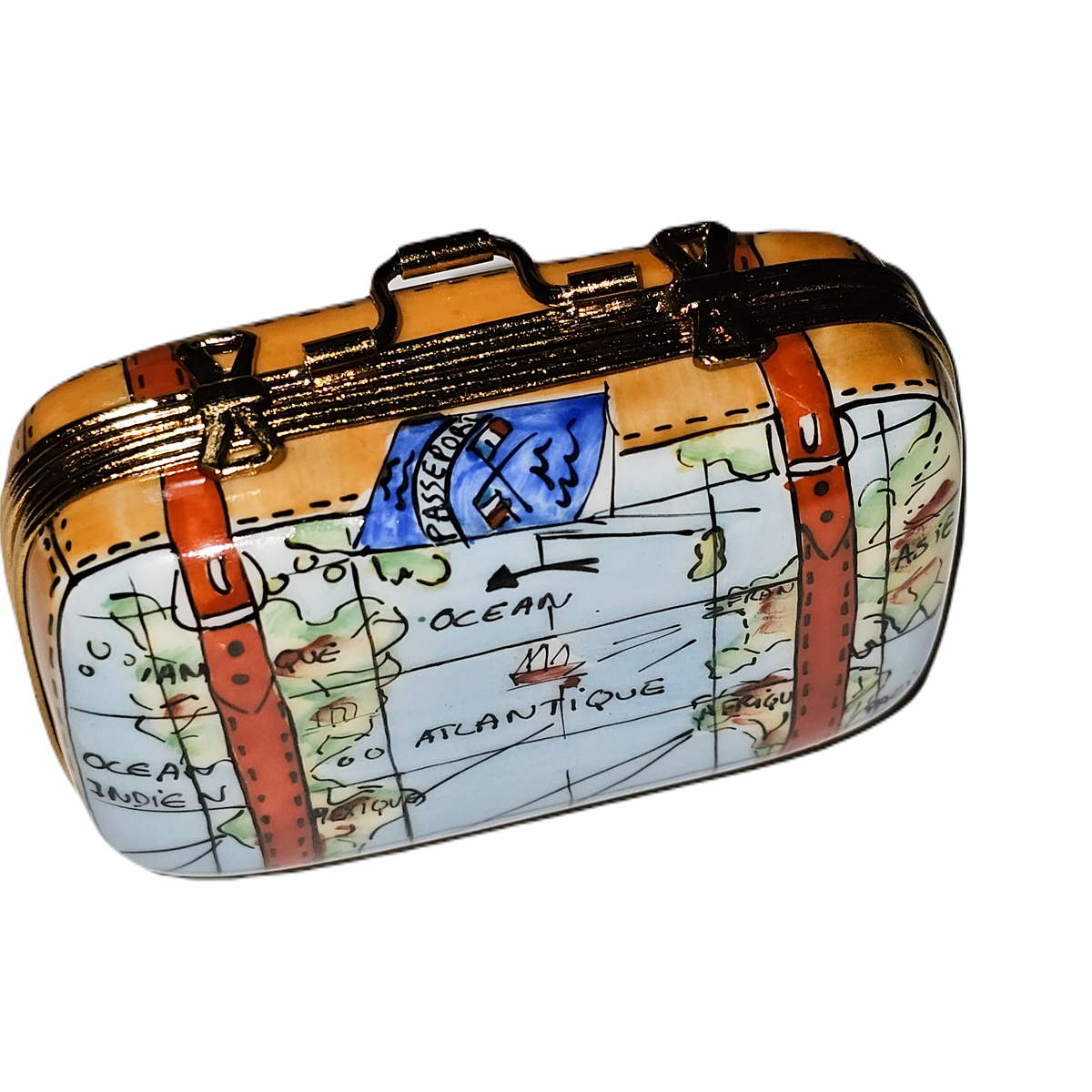 Vintage Suitcase w Plates Inside Limoges Box, a hand-painted Limoges porcelain gift